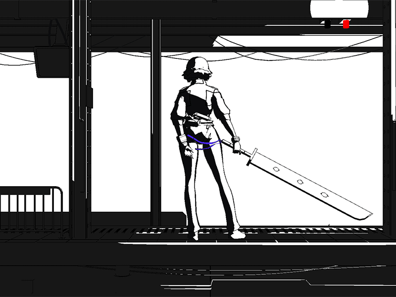 Waiting 3d animation back and white big sword cell shading girl waiting subway