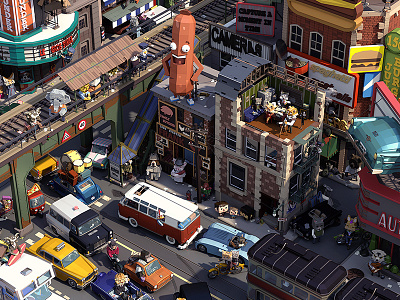 Downtown Life 3d 3d illustration animals cars cartoon city lowpoly