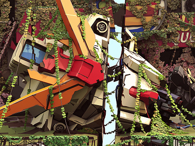 Aftermath 3d illustration apocalypse grass gundam lowpoly mech robot vines