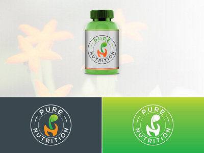 Logo and packaging for the pure nutrition badge design badge logo bottle label branding custom type design elegant emblem energy green label logo logo design medicine nutrition orange package pure supplement label vector