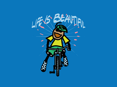 Life is Beautiful! bicycle cartoon cartoon illustration character design custom type flat design flat illustration green illustration life lifestyle minimal retro design t shirt design vector vintage design yellow