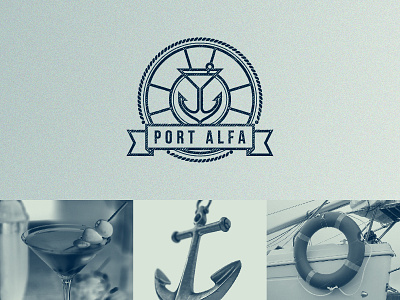 PORT ALFA / bar on the beach anchor bar beach cocktail glass lifebuoy logo ocean port sea texture water