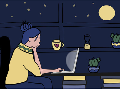 Young woman works with laptop at home at night design evening girl home illustration laptop moon study window work