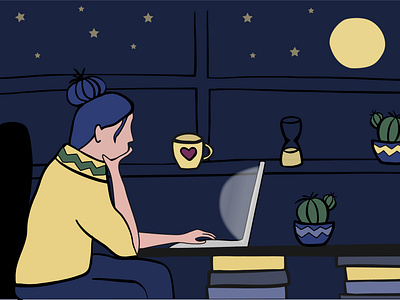 Young woman works with laptop at home at night