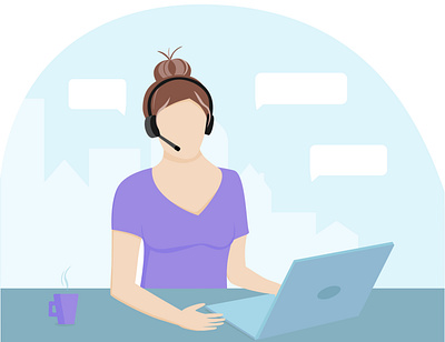 Concept illustration for support, client assistance, call center blue branding call center city design girl illustration laptop microphone operator purple support