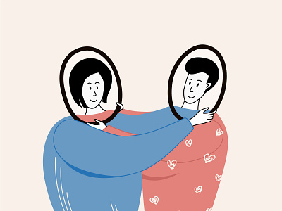Relationship empathy, codependency, addiction and psychology happy illustration looking mirrors