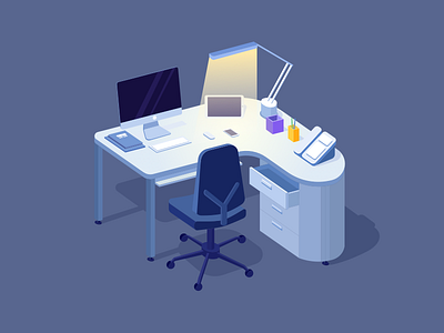 “Designer desktop” blue clean desktop flat illustration lowpoly mac