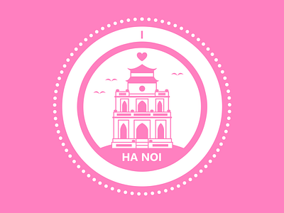 Weekly Warm Up No 1 Hometown Sticker blue flat hanoi hoan kiem lake hometown illustration illustrator lake pink place sticker sticker design thap rua turtle turtle tower vietnam warm up weekly white