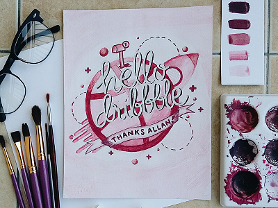 Hello Dribbble! calligraphy debut hello illustration invitation invite thank you thanks typography watercolor