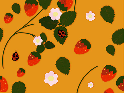 Seamless background with strawberries on a branch. organic