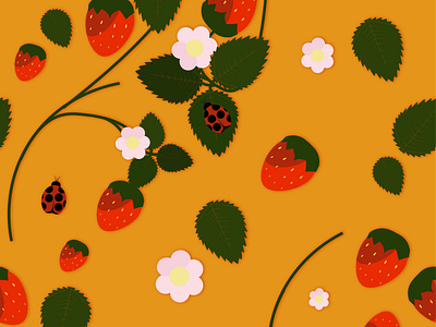 Seamless background with strawberries on a branch.