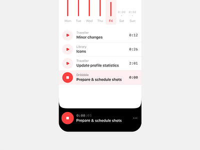 Start tracking already exist task — Time Tracker animation app apple clean interactive intuitive ios minimal minimalism minimalist minimalistic mobile productivity prototype red task todo ui white