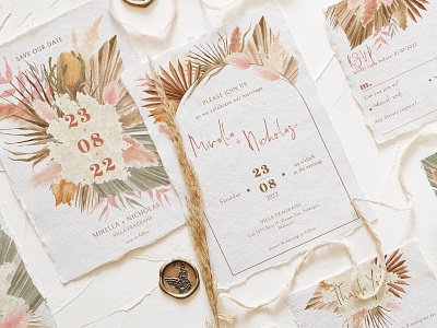 Dried Foliage Wedding Suite bohemian cards design diy template dried palm leaves foliage graphic design illustration invitation template rsvp save the date watercolor wedding design wedding invitation