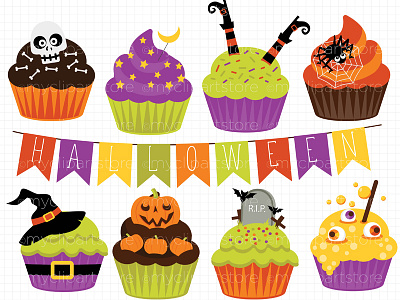 Clipart Cupcake Halloween bat clipart cartoon ghosts clipart halloween cupcakes illustration pumpkin clipart spider clipart vector clipart