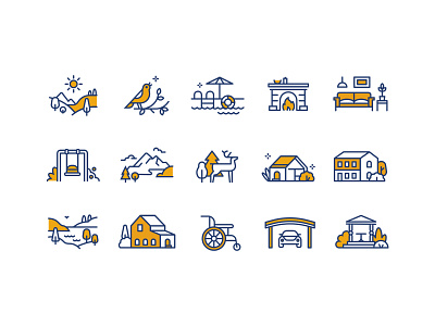 Household Icon Pack apartment arbor bird building car deer fireplace furniture garage house icon lake linear mountain nature parking stroke swimming pool view wheelchair
