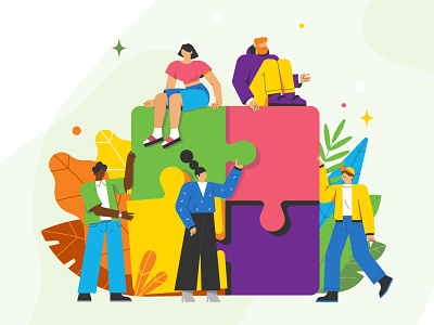 Puzzle abstract business character flat girl group illustration man office people piece planning plants presentation puzzle solution strategy team teamwork woman