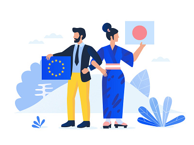Currency pairs 2d character couple cultures currencies currency euro flat girl illustration japan man pair people plants statistics team teamwork trading