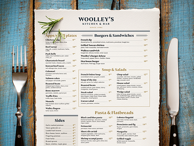 Menu for Wolley's bar kitchen layout menu restaurant typography