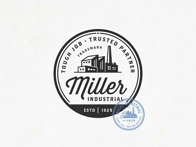 Miller Industrial badgelogo brandidentity branding design factory hand drawn illustration industrialdesign industrylogo logo organic retrologo vintage vintagelogo