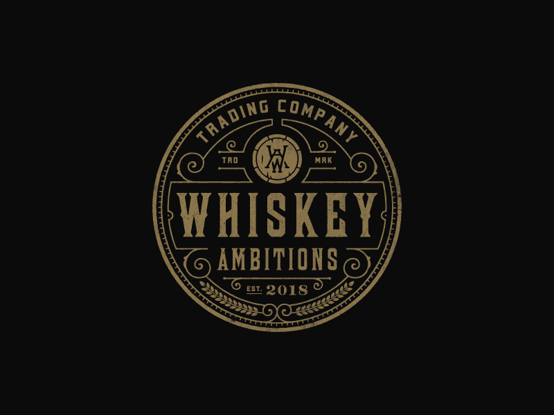 Whiskey Ambitions barrel rustic whiskey vintage-modern line-art badge sophisticated vintage