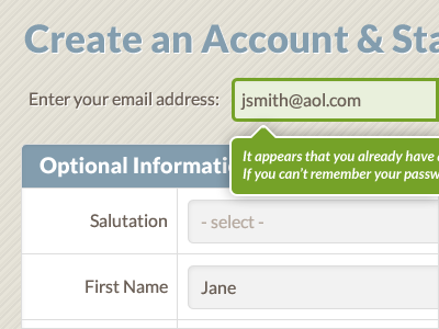 Create an Account - user already exists field form validation