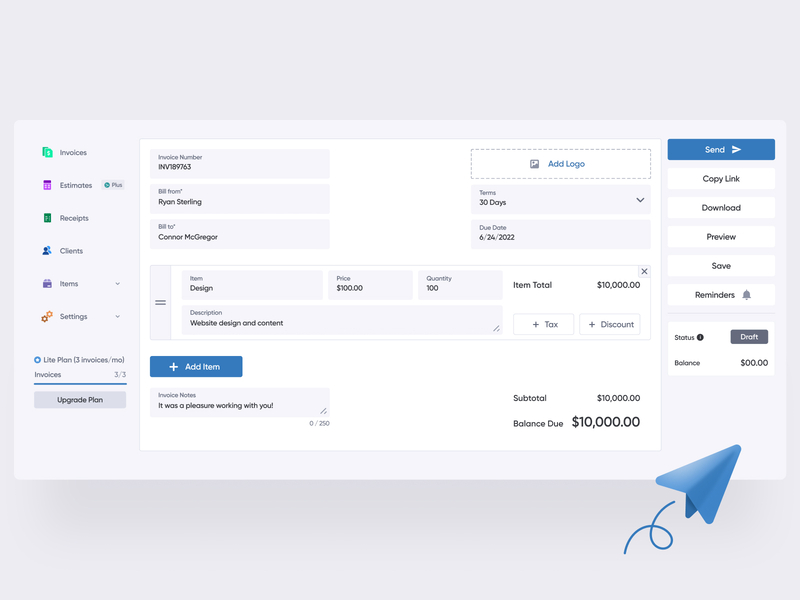 Invoice Maker accounting custom invoice finance finance app fresh book gray grey invoice invoice maker invoice tool invoice web app invoicing left nav left navigation quick books quickbooks side nav ui ux web app