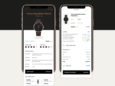 Product details, cart and checkout clean design icons interaction design minimal mobile mobile app design product catalog product details purchase summary ui watch
