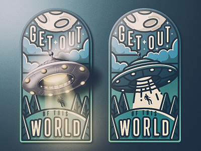 Get Out of This World badge clouds grain icon lighting moon san diego saucer skeuomorphism space trees ufo