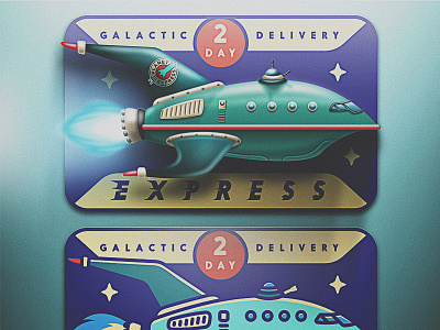 2 Day Guaranteed Galactic Delivery delivery futurama galactic noise planet express retro rocket san diego skeuomorphic skeuomorphism space