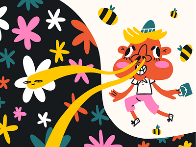 Smell of flowers bee boy character cheerful daisy design emotion flower flower smell happy illustration joy nature outgiong smell smelling snot spring stroll walk