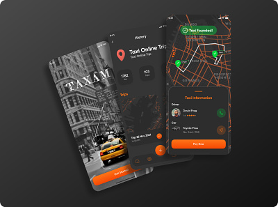 Taxi App Concept 2d app aram car dark dark app dark gray dark mode dashboard design graphic design illustration map mibile app online taxi orange reserve taxi taxi app ui