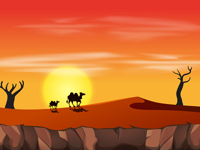 Landscape Illustration with camel at sunset