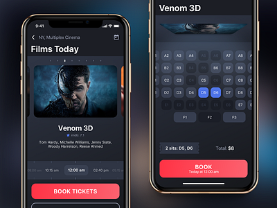 Сinema tickets booking app app booking cinema concept dark design film ios red ui ux