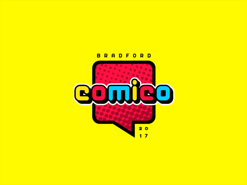 Bradford COMICO comic con geek nerd colour mark logo comic blue fun creative red yellow