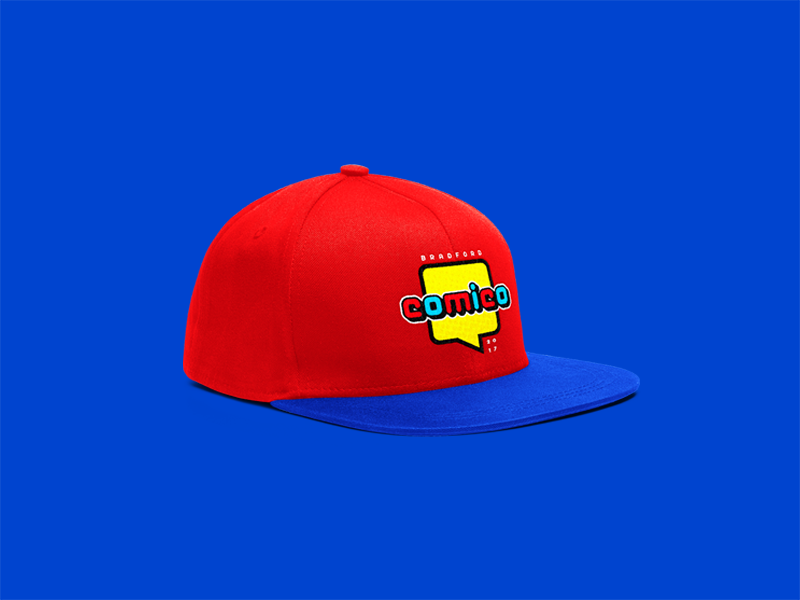 Bradford COMICO comic con geek nerd colour graphic design hat comic blue fun creative red yellow