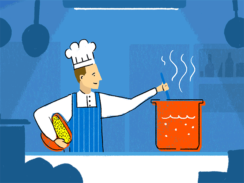 Use Salt Sparingly! 2d animated animation blue chef cooking food fun gif graphic design greens illustration motion pasta people sketch storyboard vector vegetable wip