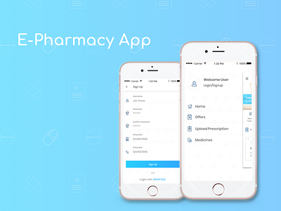 E-Pharmacy App blue epharmacy healthcare side menu signup