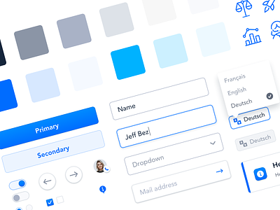 🔮 UI Elements blue blue and white button clean colors palette components design system icons input interface language switch ui ui elements ux webdesign website