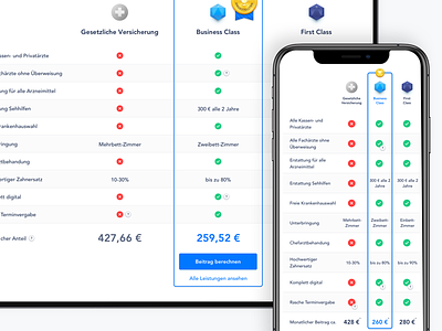 Comparison Table app clean comparison health insurance insurance mobile pricing tables white