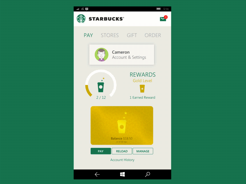 Windows Phone 10 Starbucks App 10 app barcode card coffee design mobile pay phone starbucks windows