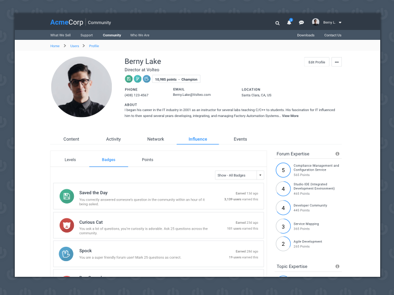 ServiceNow Communities - Badges trophy influence achievements badges profile community gamification servicenow