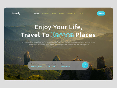 Travely Landing Page curiosity design discover enjoy graphic design landing landing page life mountain page people photo place road travel trip unseen web design web page