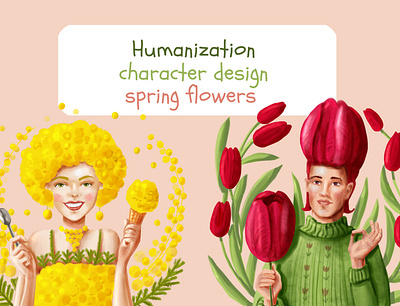 Character design. Spring flowers character design design humanization illustration
