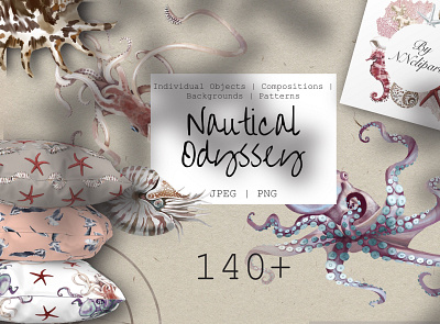 Nautical Odyssey animal branding design digital paper dolphin graphic design illustration marine life nautical octopus seamless pattern squid summer typography watercolor clipart whale