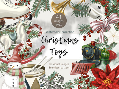 Watercolor Christmas Toys Clipart