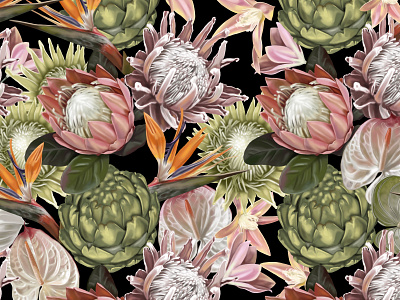 Strelitzia and protea wall art design digital paper floral graphic design hand draw illustration realistic seamless pattern wall art