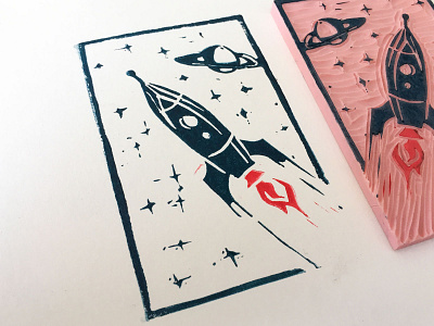 Rocket illustration linocut linoprint outer space print printmaking retro rocket saturn space spaceship stars travel