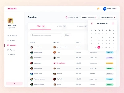 Adopets Dashboard - Adoptions admin adopter animals calendar chart dashboard date picker filter icons pet pets queue search shelter status table tabs