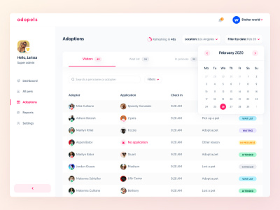 Adopets Dashboard - Adoptions admin adopter animals calendar chart dashboard date picker filter icons pet pets queue search shelter status table tabs