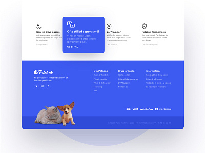Footer for an upcoming project blue branding ensurance faq footer icons interactions pet sketch support ux website